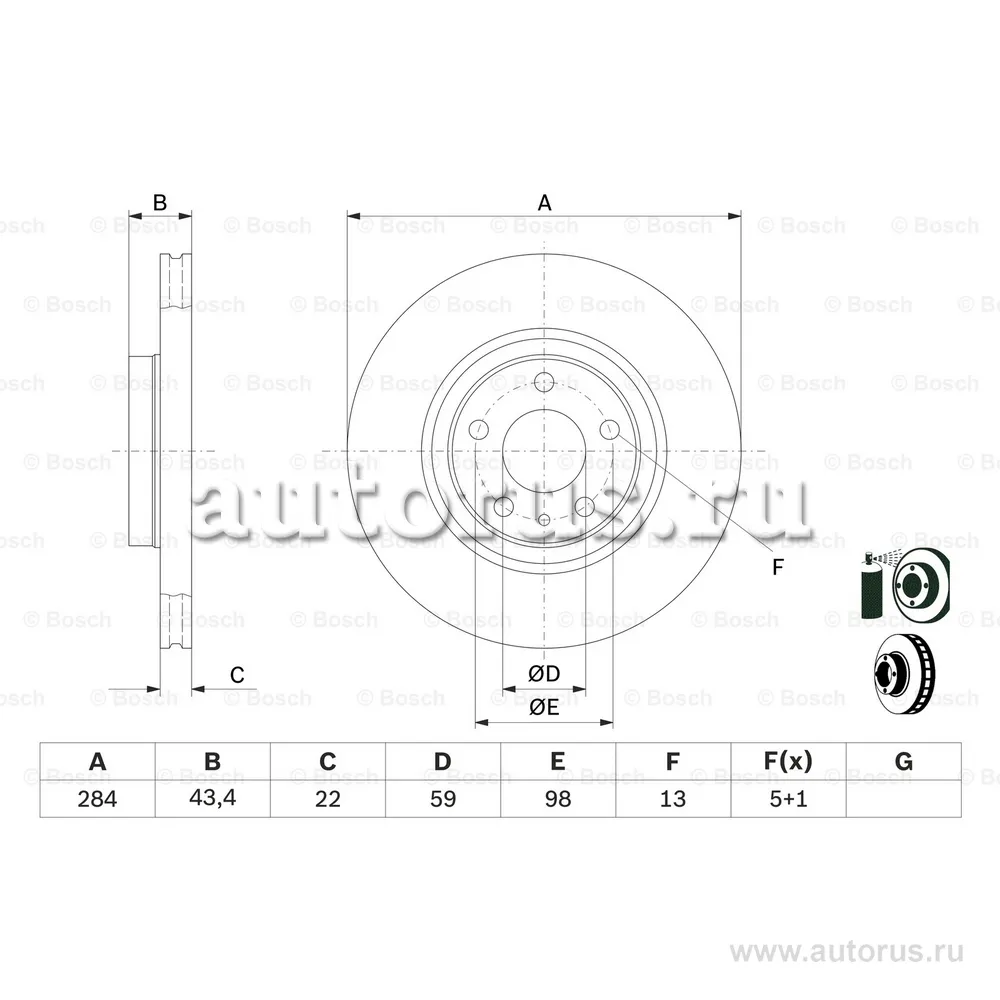 Диск тормозной ALFA ROMEO 147 01-/ 156 97-06/FIAT DOBLO 10- передний BOSCH 0 986 478 521