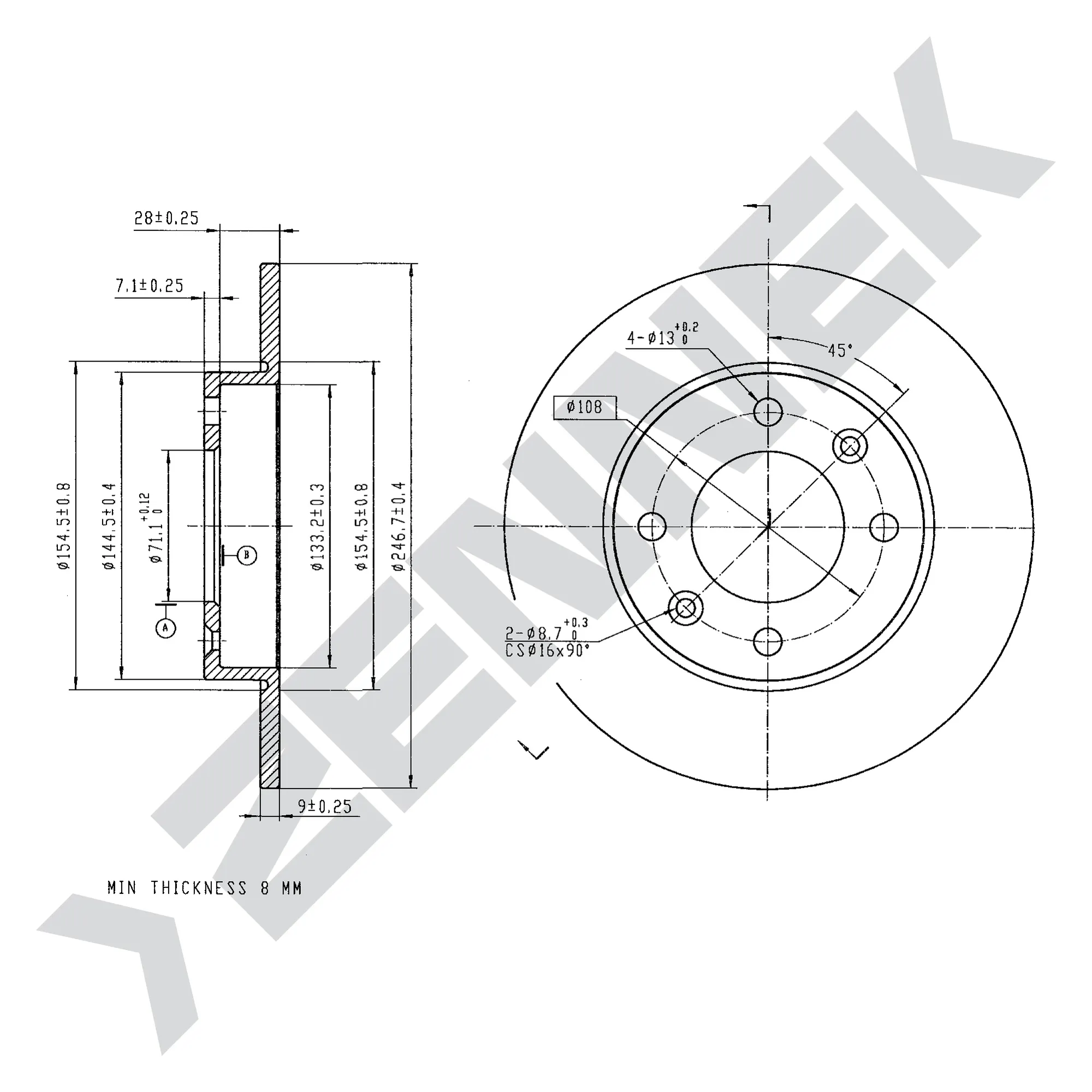Диск тормозной задний CITRON BERLINGO 96-12, C2 03-17 (2 шт) ZENNEK DBD0023
