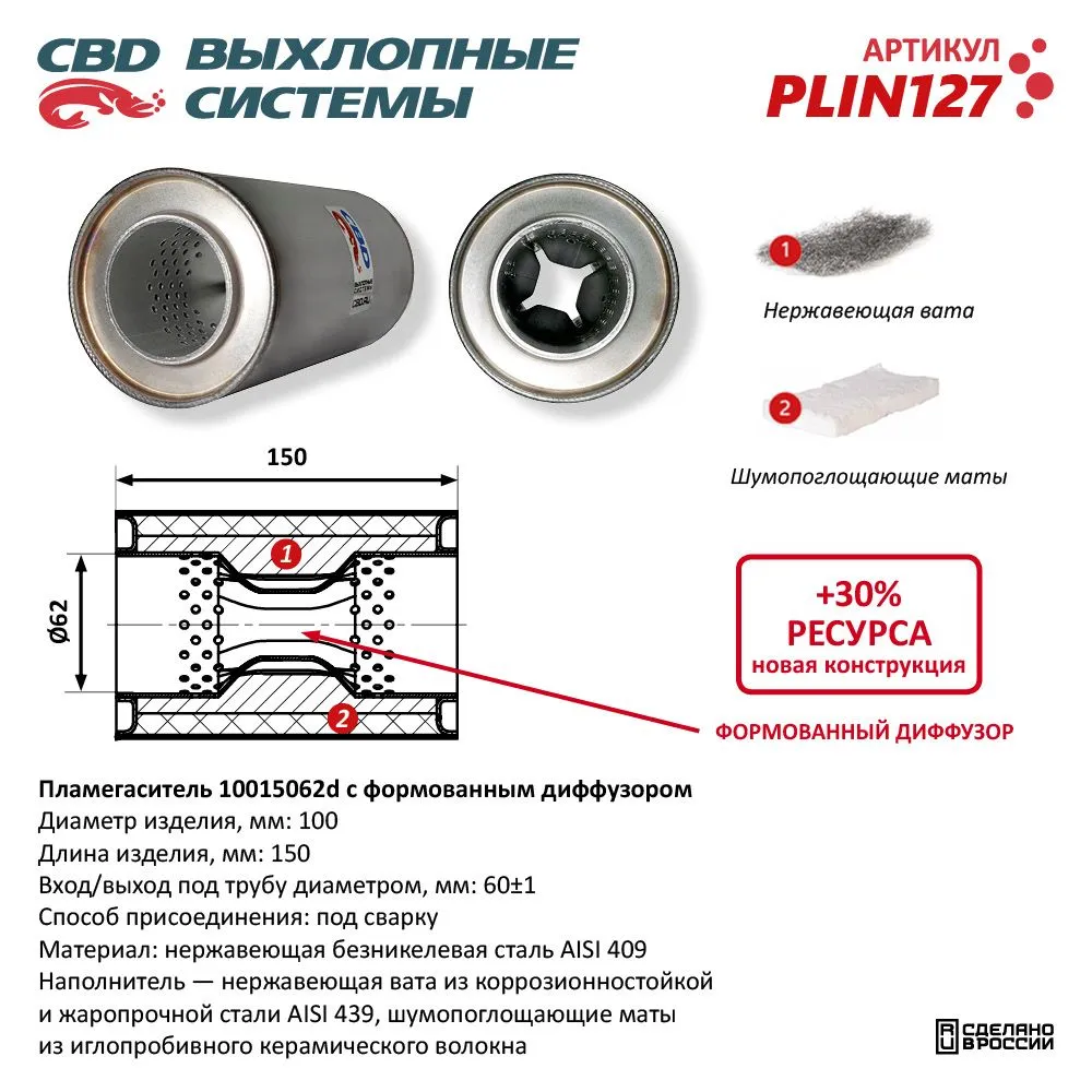 Пламегаситель 10015062d с перфорированным диффузором, из Нерж.стали. CBD. PLIN127