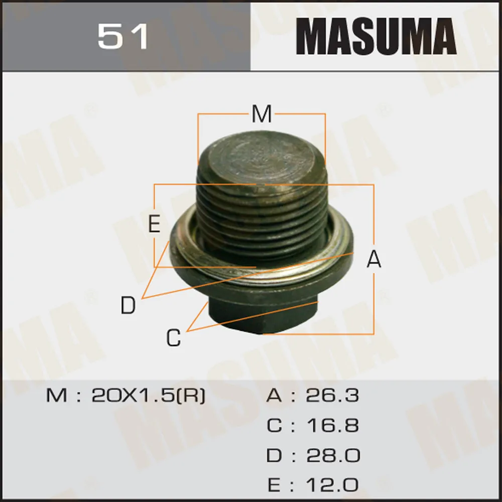 Болт маслосливной (с шайбой) Subaru 20х1.5mm MASUMA 51