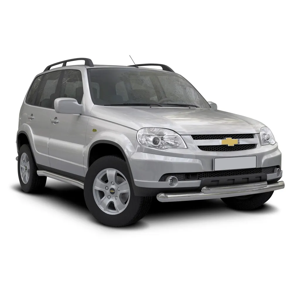 Защита переднего бампера d76+d57 Rival для Chevrolet Niva I рестайлинг 2009-н.в., нерж. сталь, R.1004.002