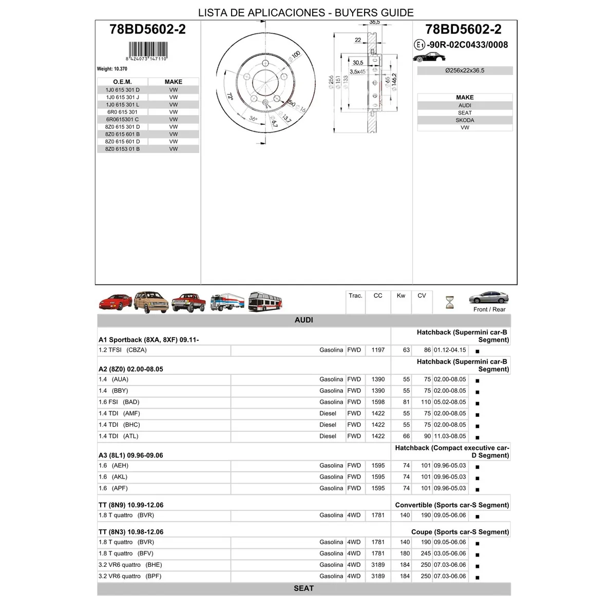 Диск тормозной передний AUDI, SEAT, SKODA, VW ICER 78BD5602-2