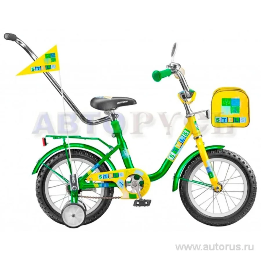 Велосипед 12 детский STELS FLASH, 2015 1 скорость сталь 8,5 с боковыми колесами и ручкой желтый/зеленый