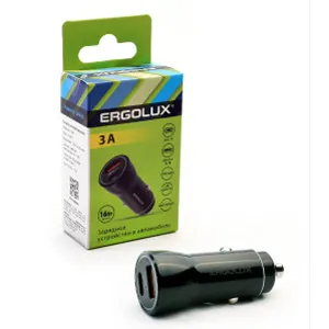 Автомобильный адаптер 1USB+1Type C, 12В, 5V/3А, LED, Черный, Коробка ERGOLUX ELX-CA01-C02