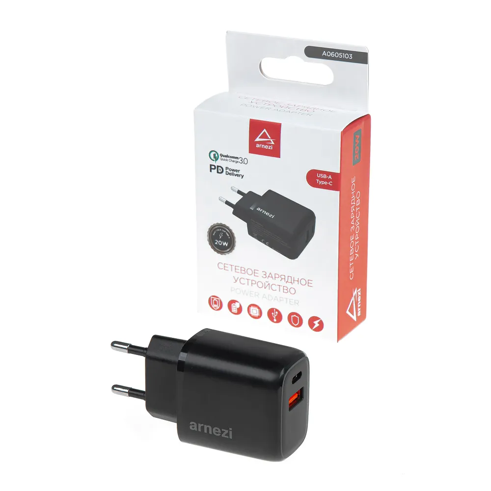Сетевое зарядное устройство 20W Usb-A + Type-C  (PD3.0 + QC3.0) ARNEZI A0605103