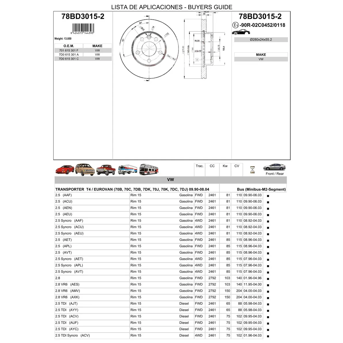 Диск тормозной передний VW T4/MULTIVAN 90-03 /VENT.D=280MM ICER 78BD3015-2
