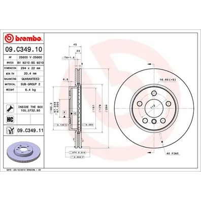 Диск тормозной MINI COOPER 13- передний вент. D294 мм. BREMBO 09C34911