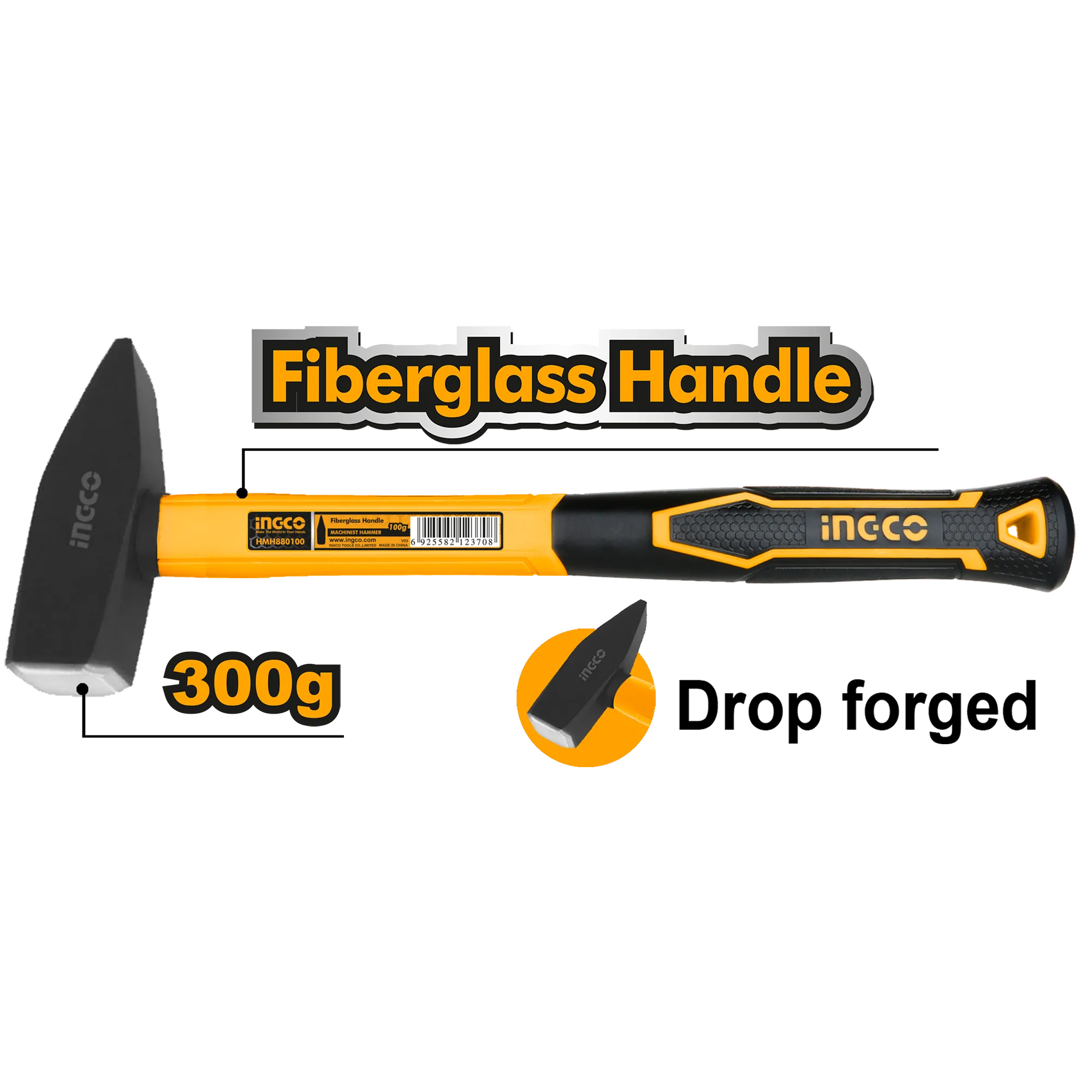 Молоток слесарный 300 g с фиберглассовой ручкой INGCO HMH880300