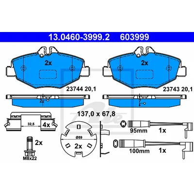 Колодки тормозные передние, в комплекте с датчиками ATE 13.0460-3999.2
