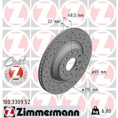 Диск тормозной задний AUDI, SKODA, SEAT, VW 03> ZIMMERMANN 100.3309.52