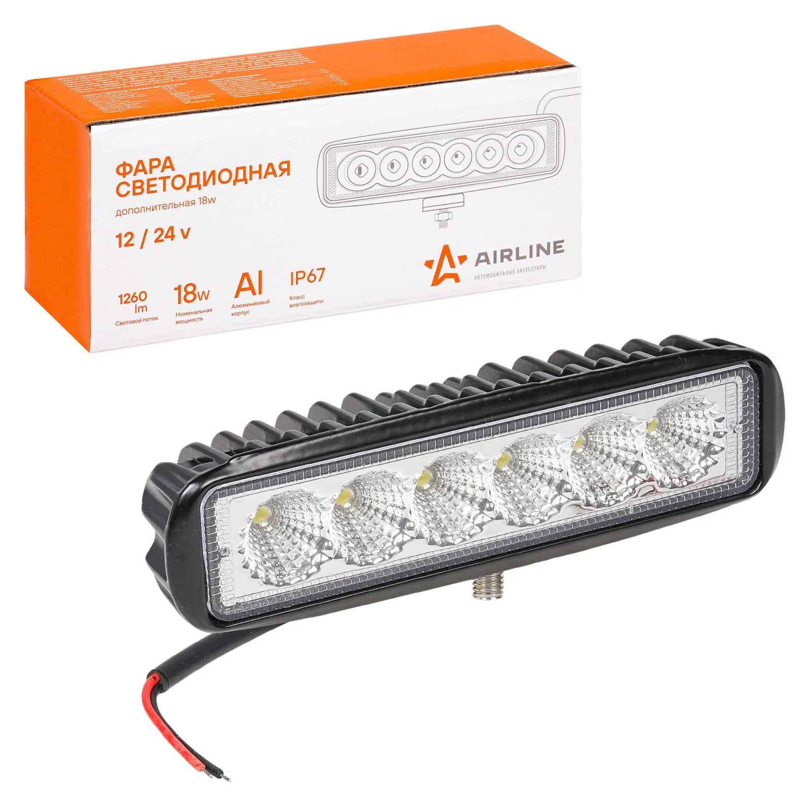 Фара светодиодная прямоугольная 6LED, рассеянный свет, 18Вт, 157х42х40мм, 12/24В AIRLINE ALED005