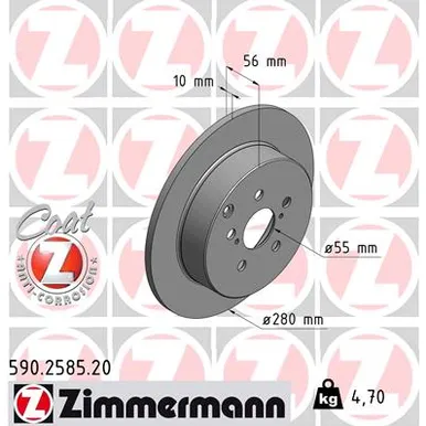 Диск тормозной задний невентилируемый TOYOTA AVENSIS 03- 280X9 ZIMMERMANN 590258520