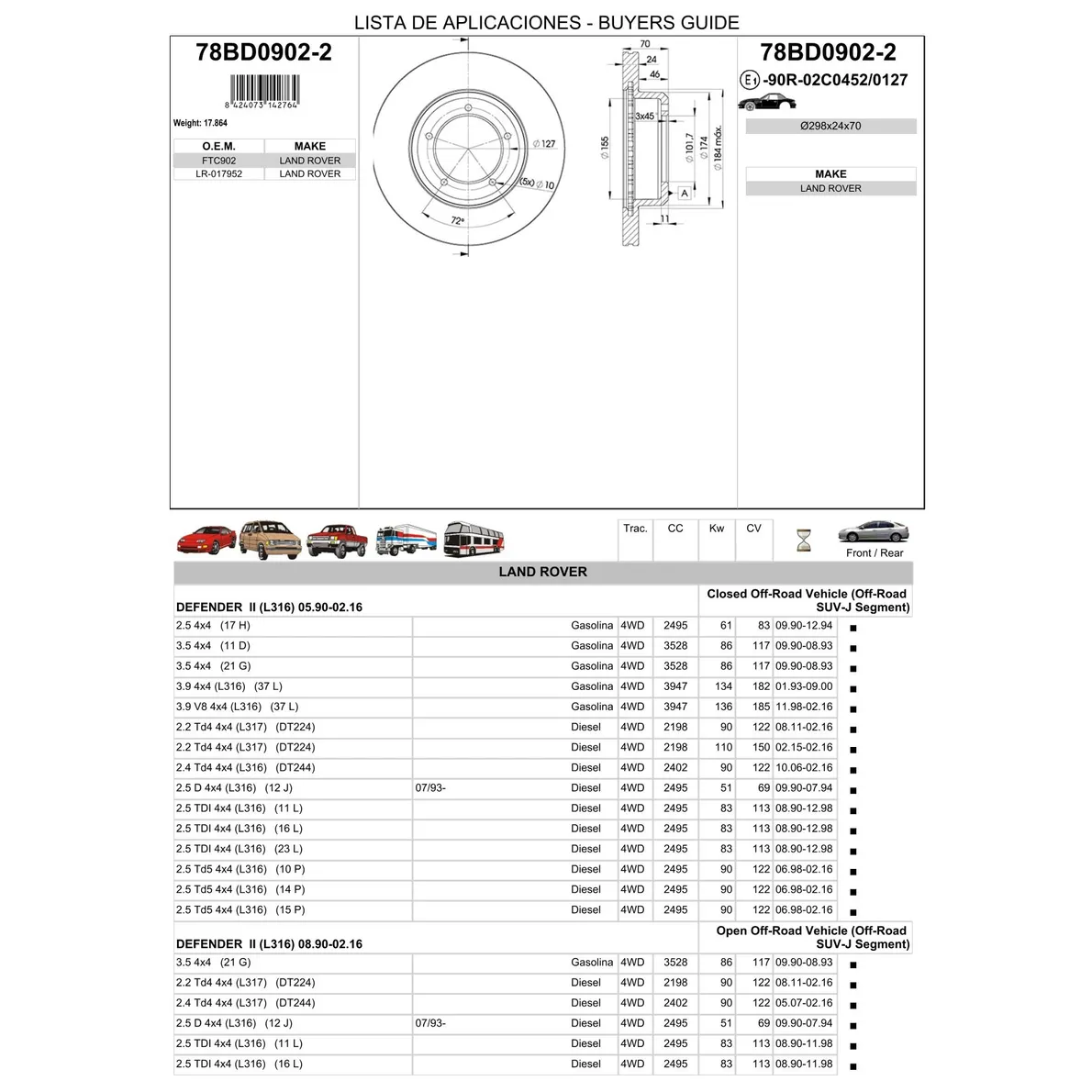 Диск тормозной передний LAND ROVER DEFENDER 90/110/RR II /D=298,5MM ICER 78BD0902-2
