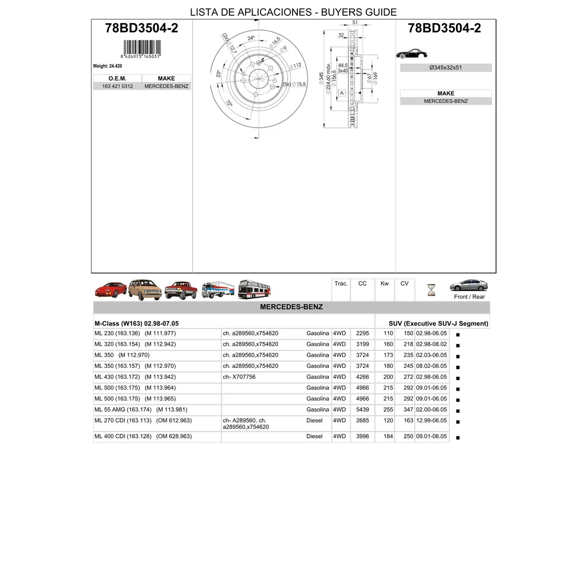 Диск тормозной передний MB W163 4.3/5.5 AMG ICER 78BD3504-2