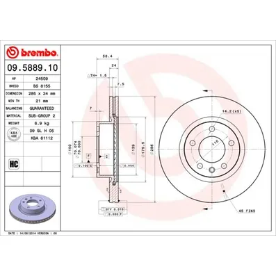 Диск тормозной пер вент 286X24 5 отв MIN2 BREMBO 09588910