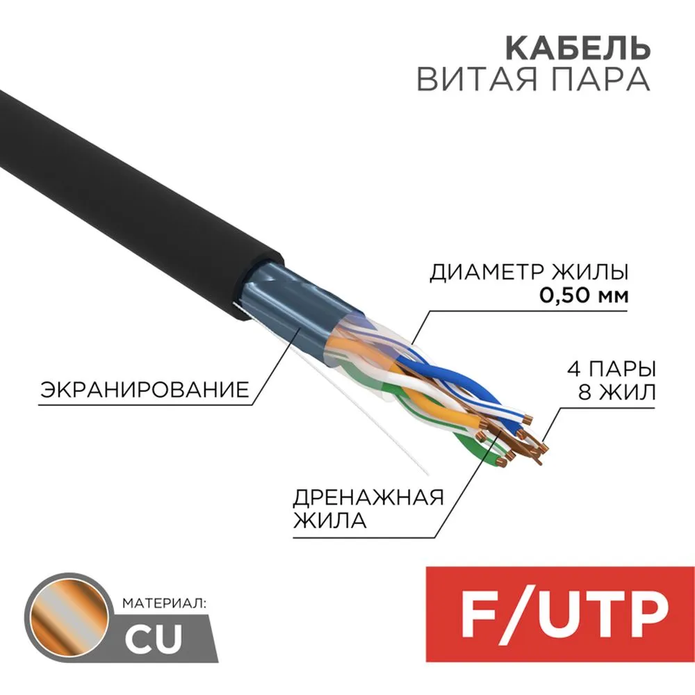 Кабель витая пара F/UTP, категория 5e, PE, 4PR, 24AWG, внешний, черный, 305 м (коробка) REXANT 01-0146-1