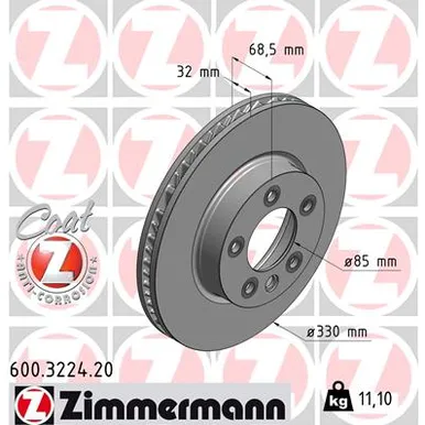 Диск тормозной передний L PORSCHE CAYENNE 02-10 / VW TOUAREG 02-18 ZIMMERMANN 600.3224.20