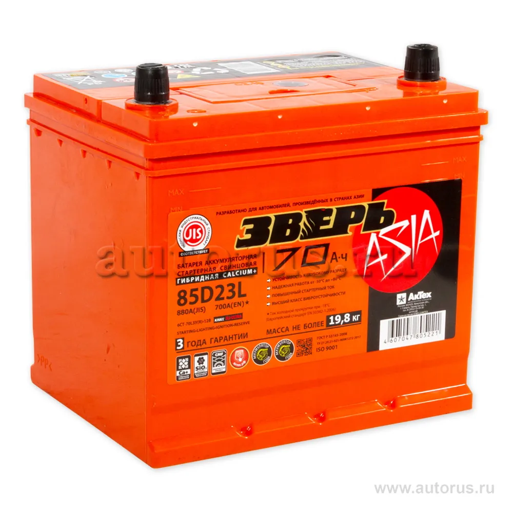 Аккумулятор ЗВЕРЬ ASIA 70 А/ч обратная R+ 232x175x225 EN700 А