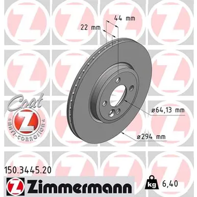 Диск тормозной передний MINI COOPER S (R55, 56, 57) 06> ZIMMERMANN 150.3445.20