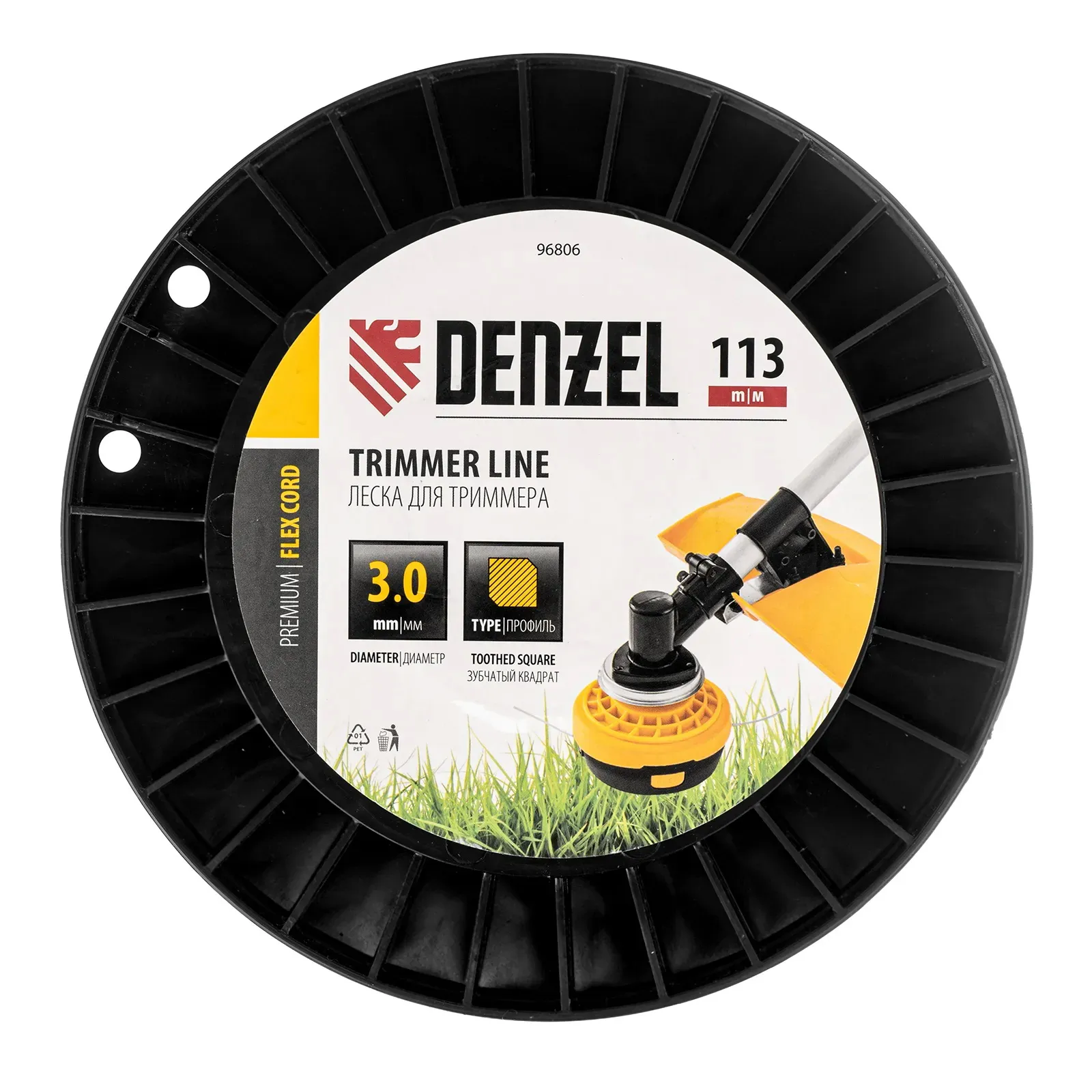 Леска для триммера зубчатый квадрат, 3,0мм х 113м, на DIN катушке FLEX CORD Denzel 96806