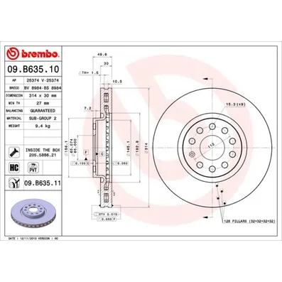 Диск тормозной передний вентилируемый 314X30 5 отверстий BREMBO 09B63511