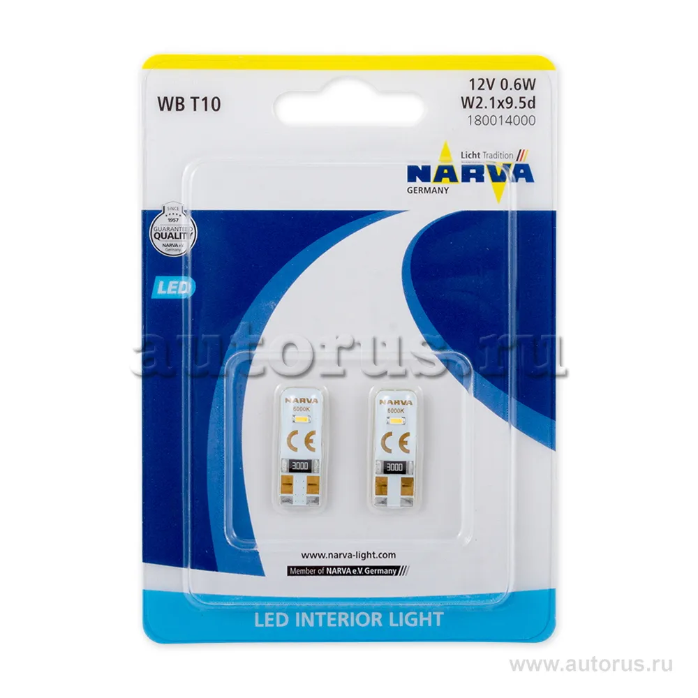 Лампа светодиодная 12V T10 5W 6000K NARVA WB 2 шт. блистер 18001