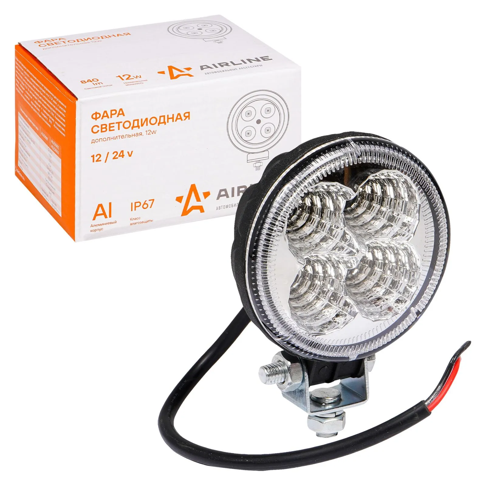 Фара светодиодная круглая 4LED, рассеянный свет, 12Вт, 83х83х51мм, 12/24В AIRLINE ALED002