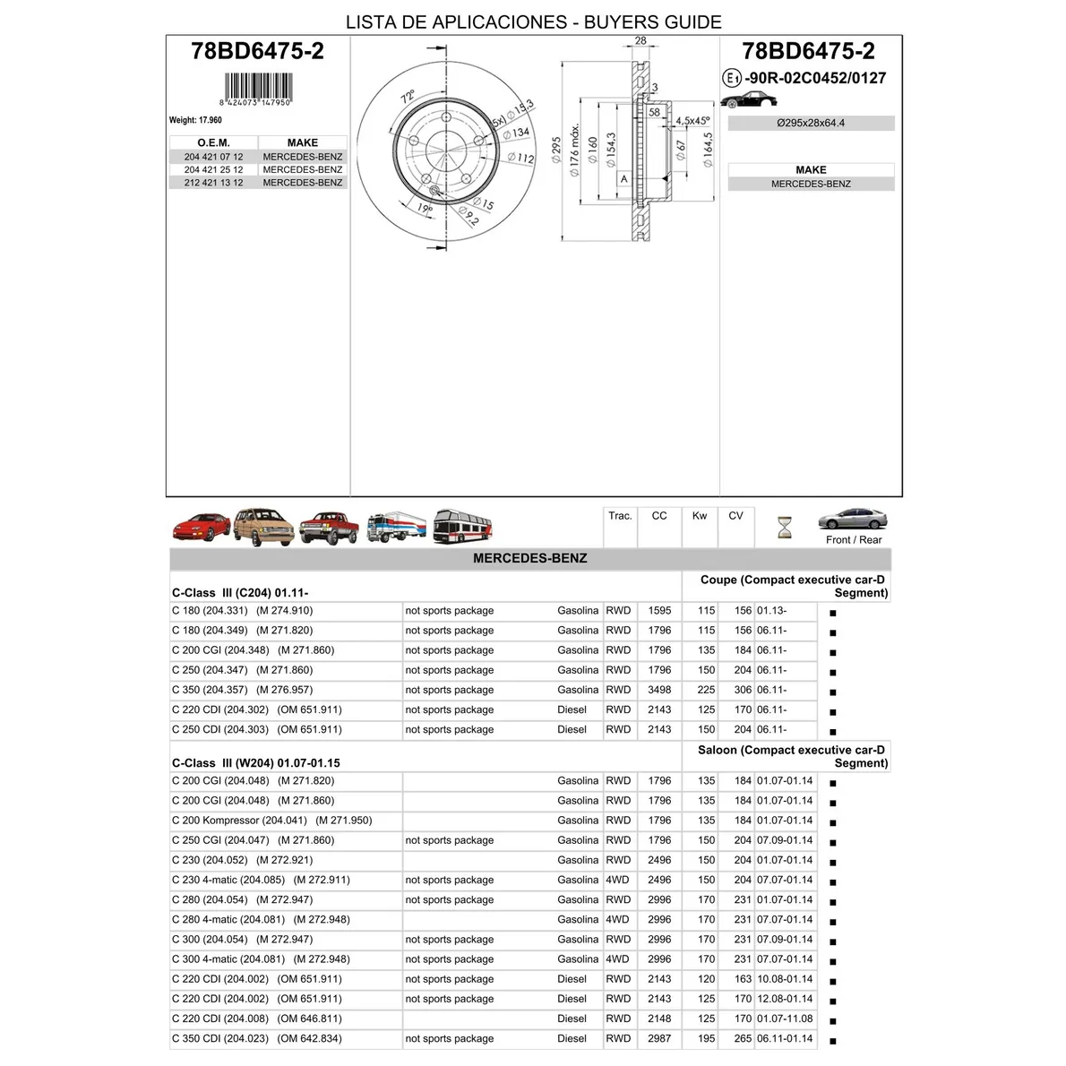 Диск тормозной передний MB W204 ICER 78BD6475-2