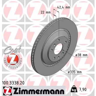 Диск тормозной вентилируемый задний AUDI A8 VW PHAETON 02- 335X22 ZIMMERMANN 100333820