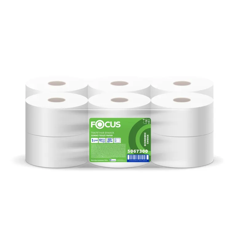 Бумага туалетная д/дисп Focus Eco Jumbo 1сл бел цел 525м 12рул/уп 1459829