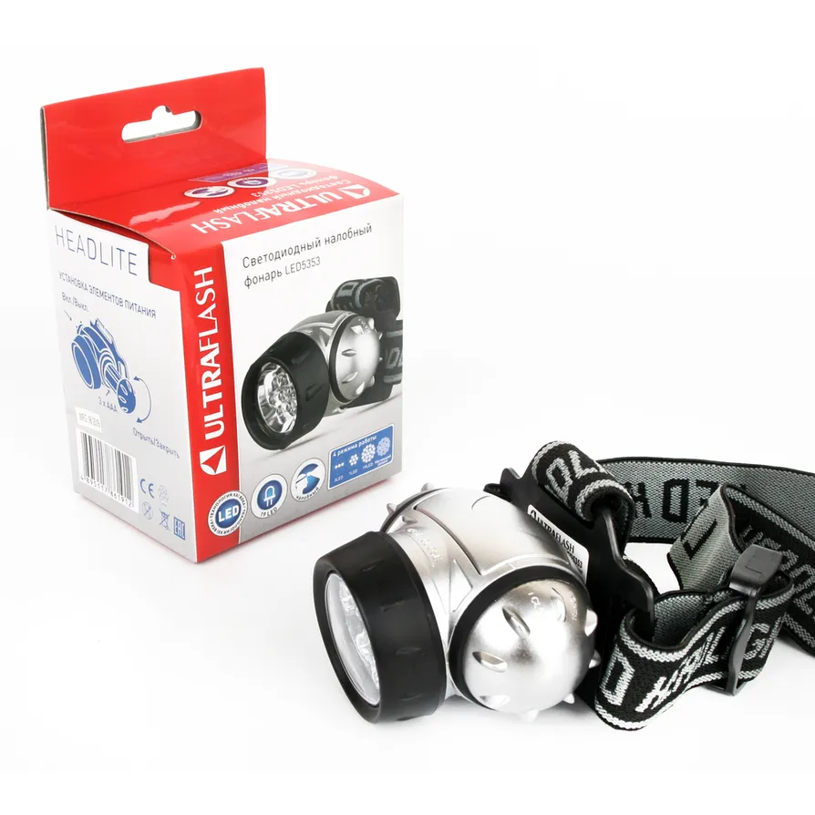 Фонарь налобн металлик, 19LED, 4 реж, 3XR03, пласт, коробка ULTRAFLASH LED5353