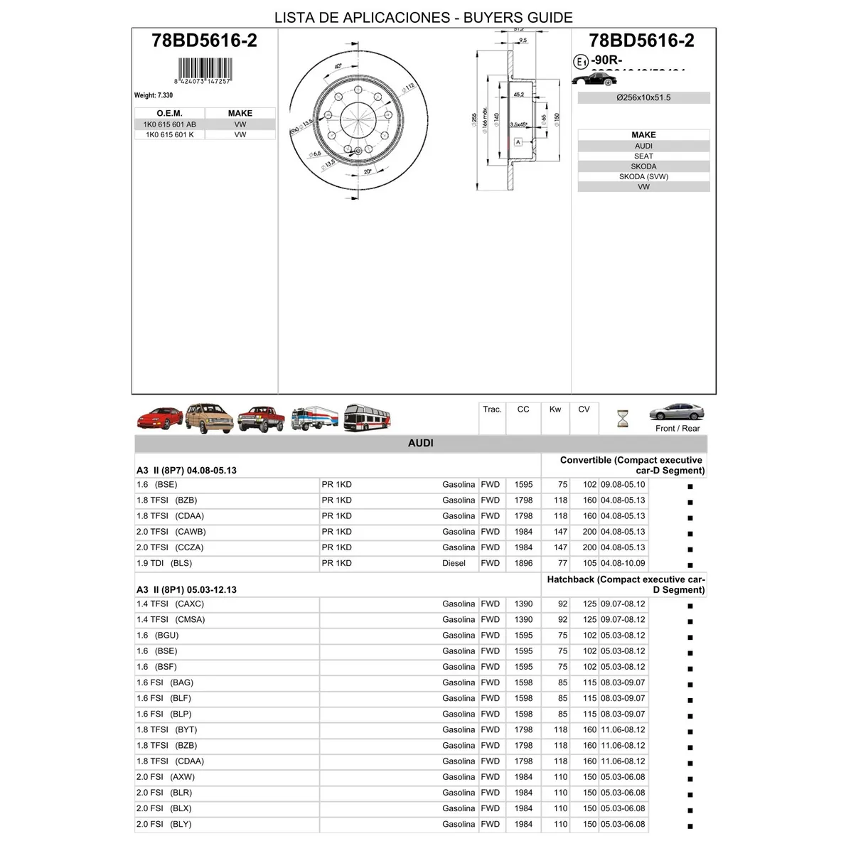 Диск тормозной задний AD A3/GOLF 03-> ICER 78BD5616-2
