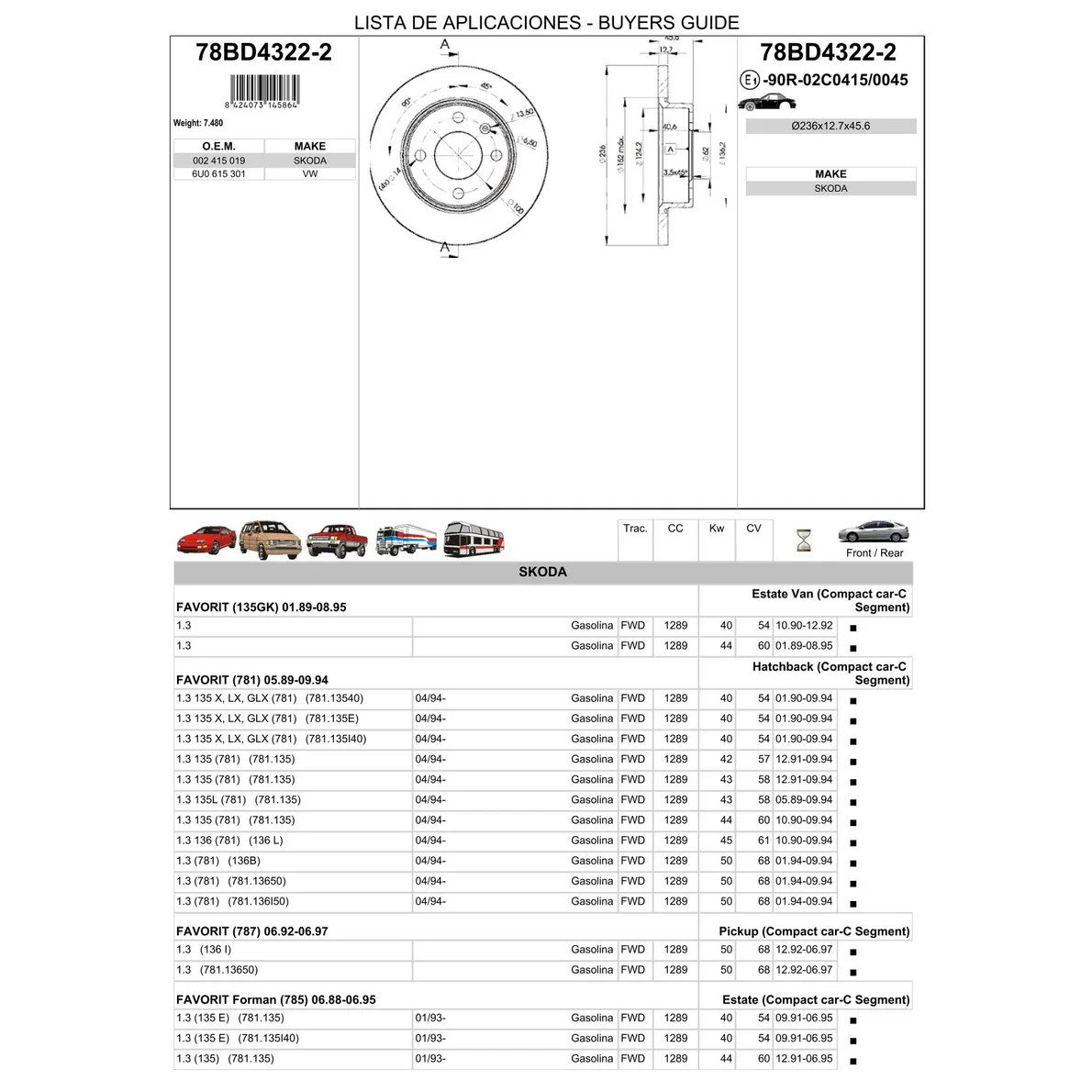 Диск тормозной передний SKODA FELICIA ICER 78BD4322-2
