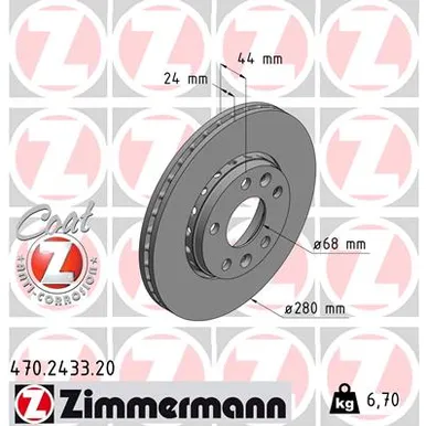 Диск тормозной передний вентилируемый 5 отверстий [280X24MM] MIN2 RENAULT FLUENCE/LAGUNA/MEGANE/SCENIC 1.4-2.0 11.08 ZIMMERMANN 470.2433.20