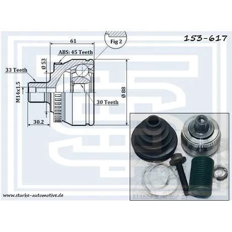 ШРУС AUDI A4 (B5) / AUDI A6 (C5) / VW PASSAT (B5) 1,6-1,9TD c ABS STARKE 153-617