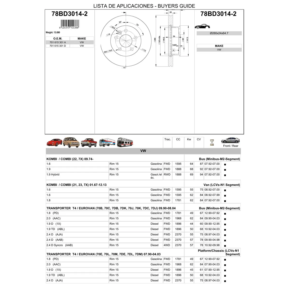Диск тормозной передний VW T4 90-03 /для 15 диска /VENT D=280MM ICER 78BD3014-2