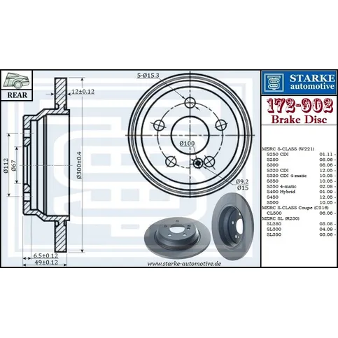 Диск тормозной задний MER W221 -- 12.2013 W/O SPORT 300X12 STARKE 172-902