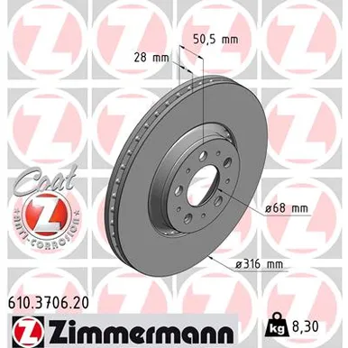 Диск тормозной передний с покрытием COAT Z ZIMMERMANN 610.3706.20