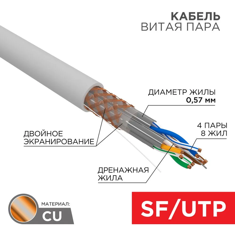 Кабель витая пара S/FTP, категория 7, PVC, 4PR, 23AWG, внутренний, серый, 305 м REXANT 01-0542