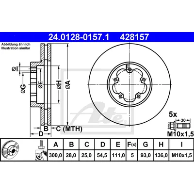Диск тормозной передний FORD TRANSIT 2006-> /VENT D=300MM ATE 24.0128-0157.1