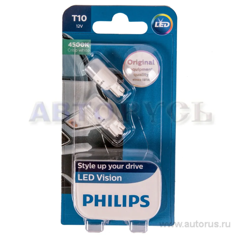 Лампа светодиодная 12V WB T10 LED 0,62W 4500K PHILIPS LED Vision 2 шт. блистер 12791B2 4500K