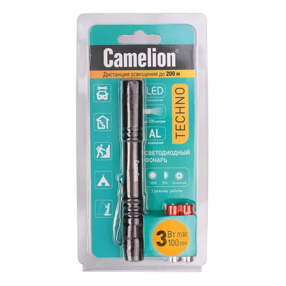 Фонарь, черн., LED XPE, 3 реж 2XLR03 в компл., алюм., откр. блистер Camelion LED51517