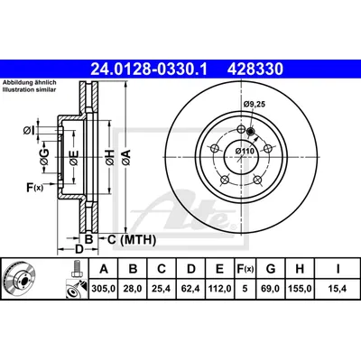Диск тормозной MERCEDES C (W205) передний (1шт.) ATE 24012803301