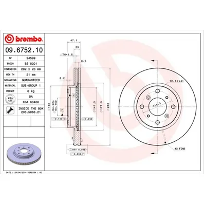 Диск тормозной передний вент.[282X23] 4 отверстий [MIN2] BREMBO 09.6752.10