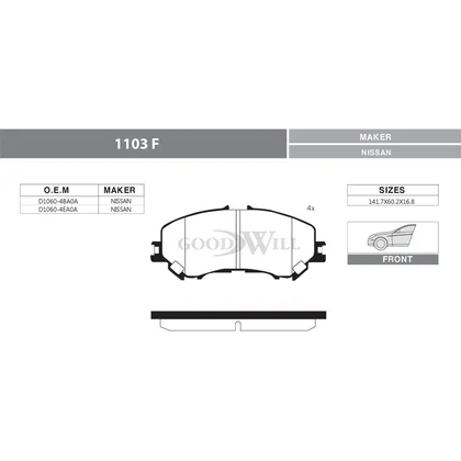 Колодки тормозные дисковые передние, комплект NISSAN Qashqai (2 ШПП) GOODWILL 1103f