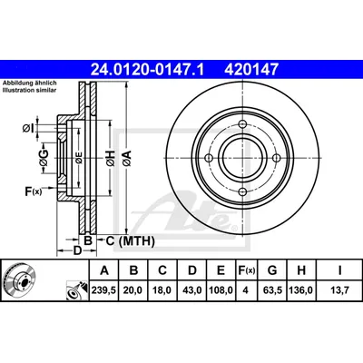 Диск тормозной передний FORD ESCORT (90-) MAZDA-121 (96-) ATE 24.0120-0147.1