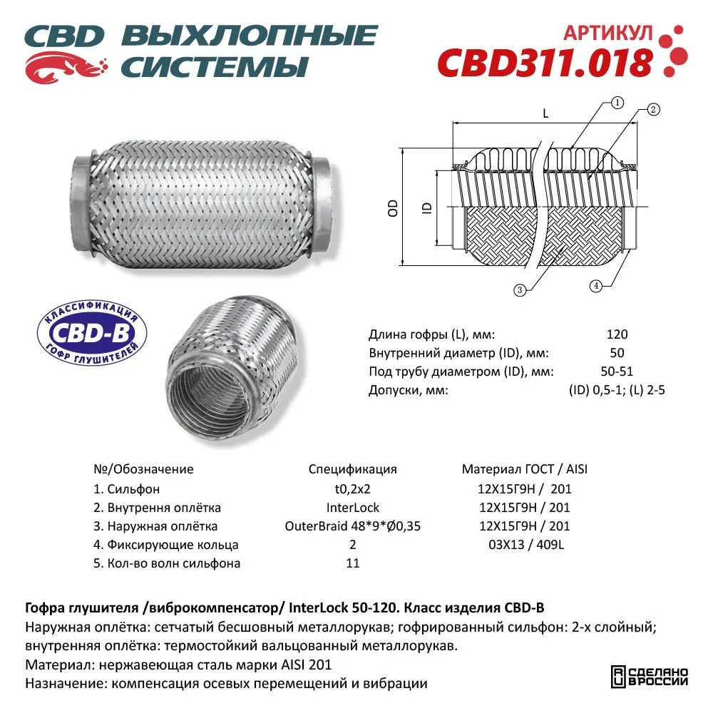 Гофра глушителя 3х-сл InterLock 50-120. CBD311.018