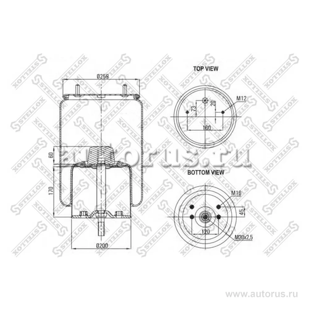 Пневмоподушка в сборе верх:шт., 2шп.M12 низ:4отв.M16, 1шп.M20 Giga STELLOX 90-07241-SX