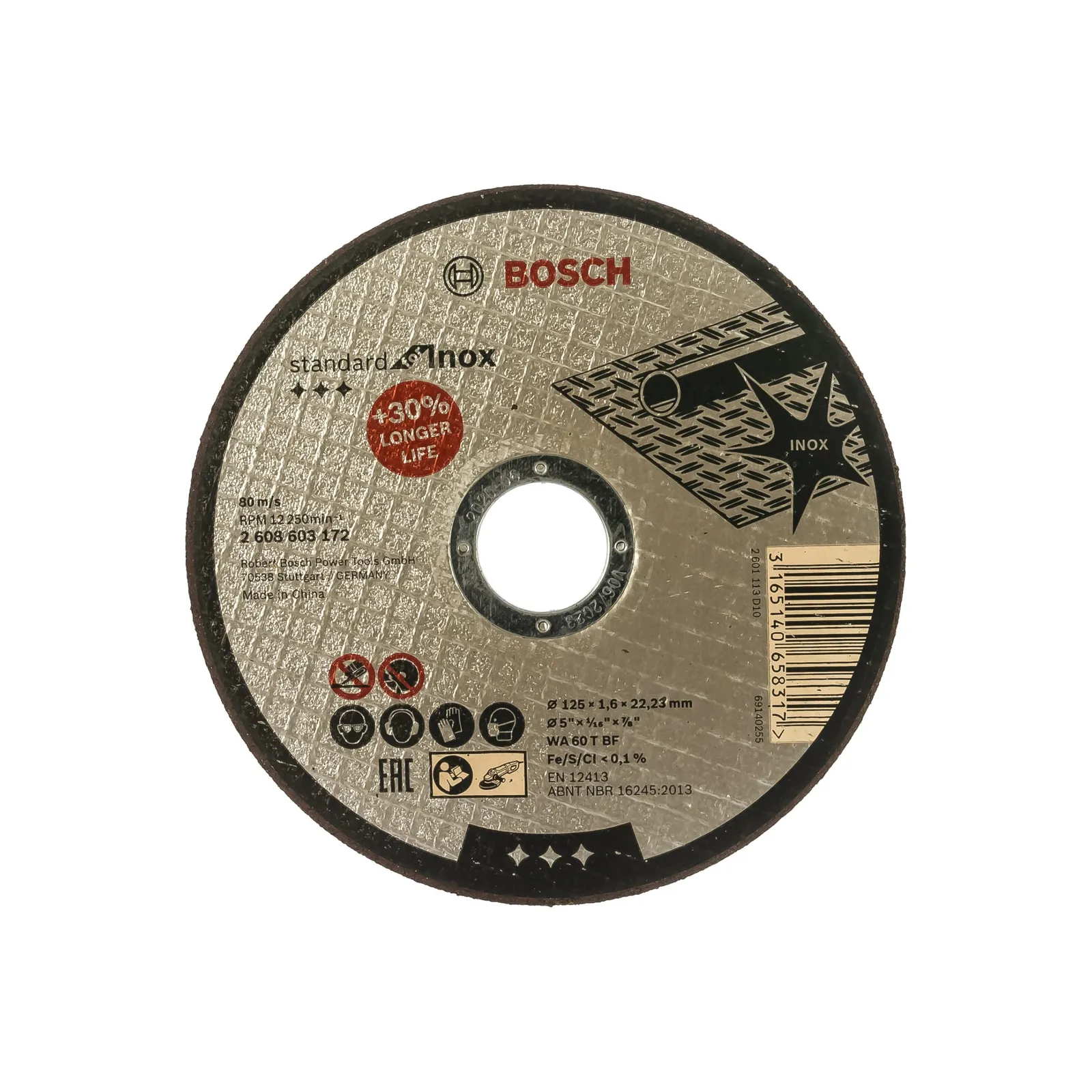 Диск отрезной, 125x1.6 мм, нержавеющая сталь, прямой Standard BOSCH 2608603172