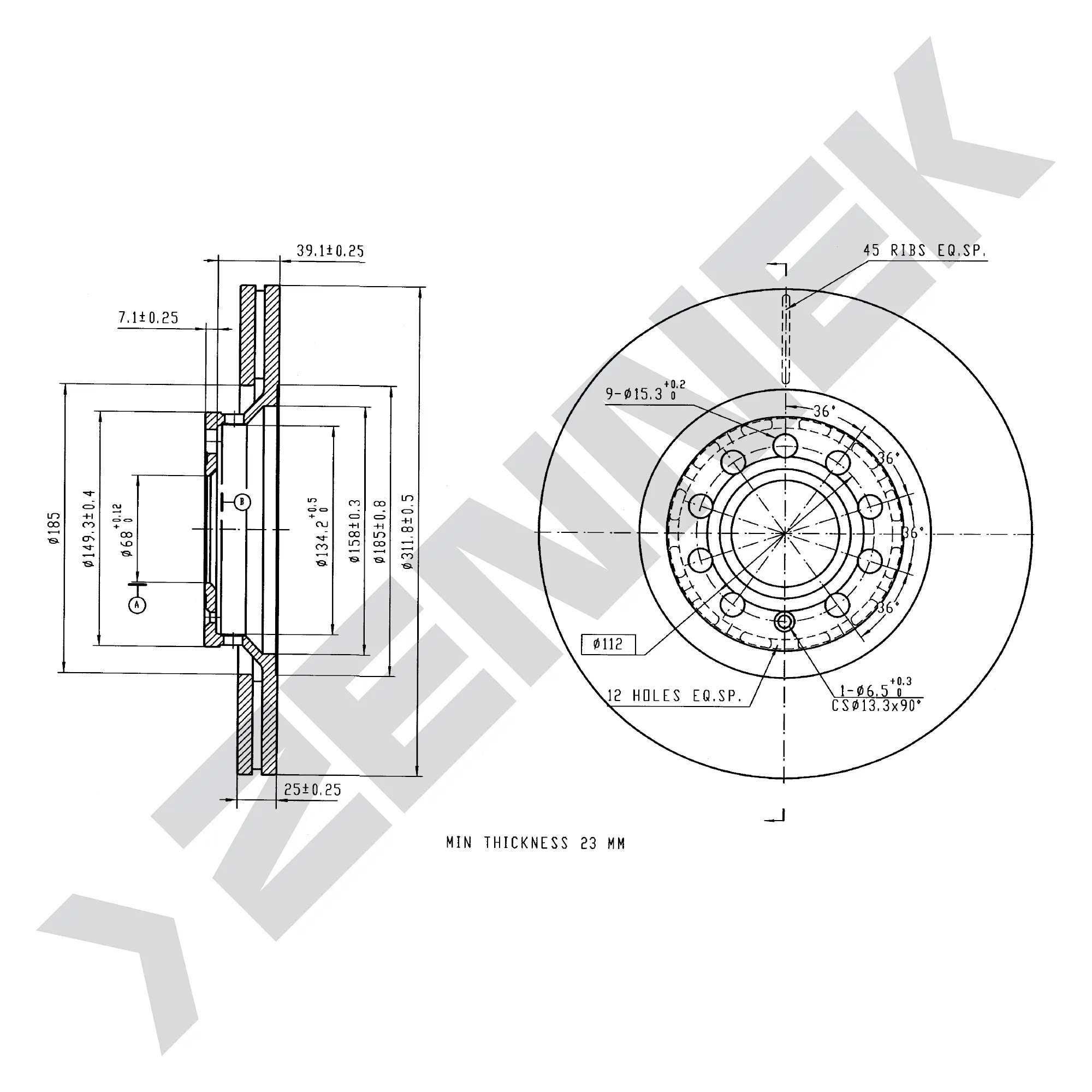 Диск тормозной передний AUDI A4 B5/6/7 94-08, AUDI A6 C5 97-04 (2 шт) ZENNEK DBD0146